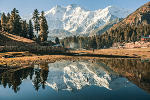 Nanga Parbat, also locally known as Diamer, meaning "Mountain of the Gods," is the world's ninth-highest mountain, rising to an elevation of 8,126 meters (26,660 feet) above sea level. It is situated in the Gilgit-Baltistan region of Pakistan-administered Kashmir and lies just south of the Indus River near the northernmost bend in its course. Geographically, Nanga Parbat constitutes the western anchor of the Himalayan Range and forms the westernmost point of all peaks over 8,000 meters in height. Due to its immense height, steep slopes, and unfavorable weather, it has been labeled the "Killer Mountain" as a result of the large number of climbers who have lost their lives while trying to scale it.